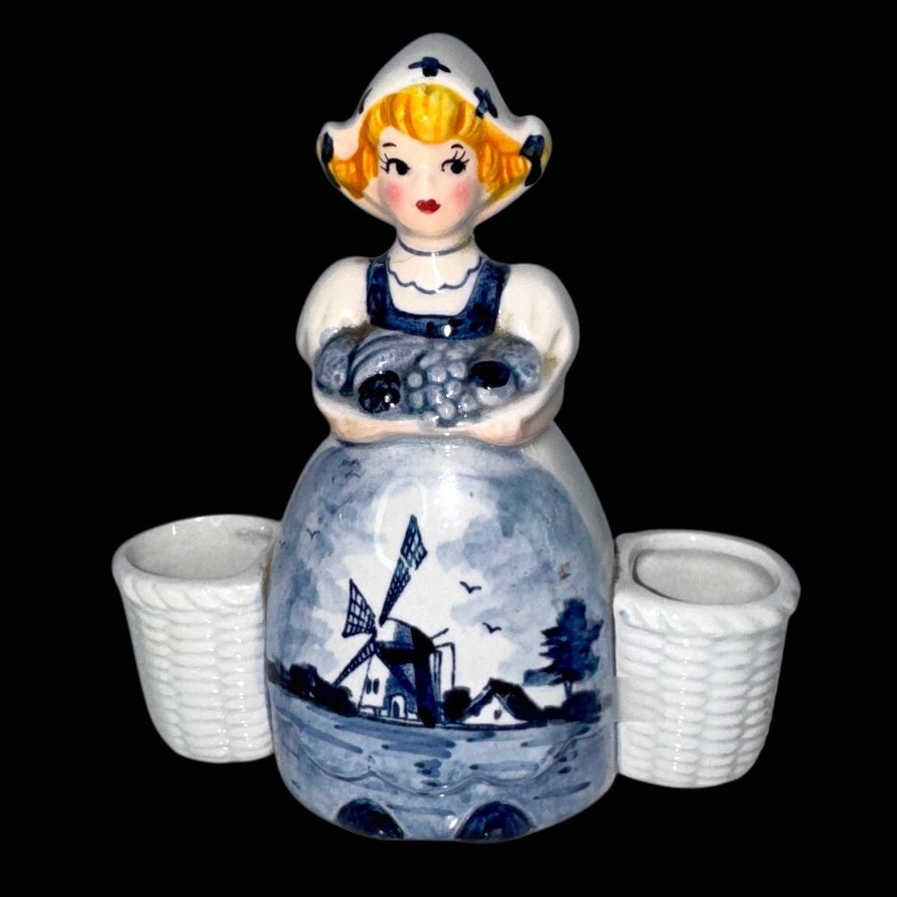 Vintage Porcelain Dutch Girl toothpicks Holder Blue & White JAPAN *read*